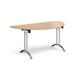 Semi circular folding leg table with chrome legs and curved foot rails 1600mm x 800mm - beech