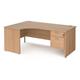 Maestro 25 left hand ergonomic desk 1800mm wide with 2 drawer pedestal - beech top with panel end leg