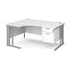 Maestro 25 left hand ergonomic desk 1600mm wide with 2 drawer pedestal - silver cable managed leg frame, white top