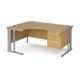 Maestro 25 left hand ergonomic desk 1600mm wide with 2 drawer pedestal - silver cable managed leg frame, oak top