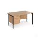 Maestro 25 straight desk 1400mm x 800mm with 2 drawer pedestal - black H-frame leg, beech top