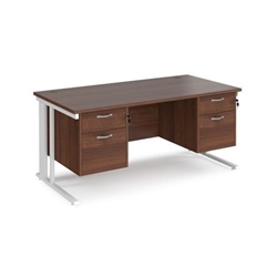 Maestro 25 straight desk 1600mm x 800mm with two x 2 drawer pedestals - white cable managed leg frame, walnut top