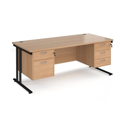 Maestro 25 straight desk 1800mm x 800mm with 2 and 3 drawer pedestals - black cantilever leg frame, beech top