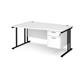 Maestro 25 left hand wave desk 1600mm wide with 2 drawer pedestal - black cantilever leg frame, white top