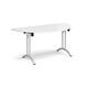 Semi circular folding leg table with silver legs and curved foot rails 1600mm x 800mm - white