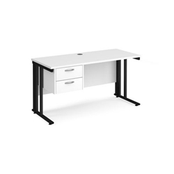 Maestro 25 straight desk 1400mm x 600mm with 2 drawer pedestal - black cable managed leg frame, white top