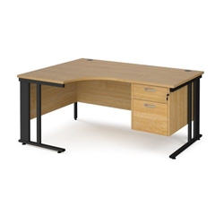 Maestro 25 left hand ergonomic desk 1600mm wide with 2 drawer pedestal - black cable managed leg frame, oak top