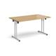 Rectangular folding leg table with silver legs and straight foot rails 1400mm x 800mm - oak