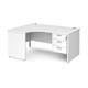 Maestro 25 left hand ergonomic desk 1600mm wide with 3 drawer pedestal - white top with panel end leg