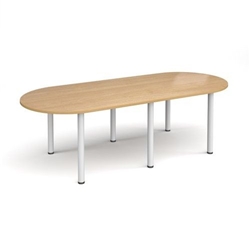 Radial end meeting table 2400mm x 1000mm with 6 white radial legs - oak