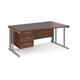 Maestro 25 right hand wave desk 1600mm wide with 3 drawer pedestal - silver cable managed leg frame, walnut top