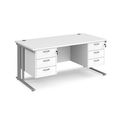 Maestro 25 straight desk 1600mm x 800mm with two x 3 drawer pedestals - silver cable managed leg frame, white top