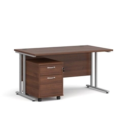 Maestro 25 straight desk 1400mm x 800mm with silver cantilever frame and 2 drawer pedestal - walnut