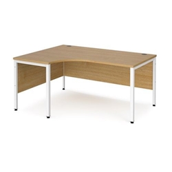 Maestro 25 left hand ergonomic desk 1600mm wide - white bench leg frame, oak top