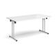 Rectangular folding leg table with silver legs and straight foot rails 1600mm x 800mm - white