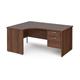 Maestro 25 left hand ergonomic desk 1600mm wide with 2 drawer pedestal - walnut top with panel end leg