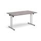 Rectangular folding leg table with chrome legs and straight foot rails 1400mm x 800mm - grey oak