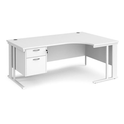 Maestro 25 right hand ergonomic desk 1800mm wide with 2 drawer pedestal - white cable managed leg frame, white top