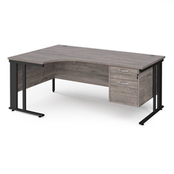 Maestro 25 left hand ergonomic desk 1800mm wide with 2 drawer pedestal - black cable managed leg frame, grey oak top