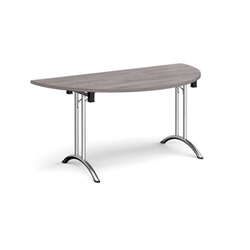 Semi circular folding leg table with chrome legs and curved foot rails 1600mm x 800mm - grey oak