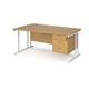 Maestro 25 left hand wave desk 1600mm wide with 3 drawer pedestal - white cantilever leg frame, oak top