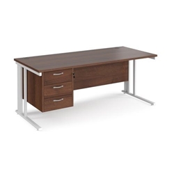 Maestro 25 straight desk 1800mm x 800mm with 3 drawer pedestal - white cable managed leg frame, walnut top
