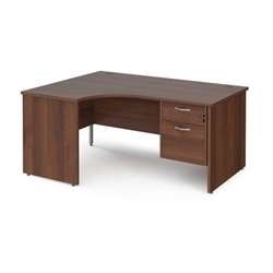 Maestro 25 left hand ergonomic desk 1600mm wide with 2 drawer pedestal - walnut top with panel end leg