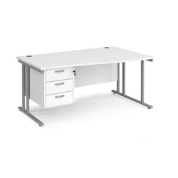 Maestro 25 right hand wave desk 1600mm wide with 3 drawer pedestal - silver cantilever leg frame, white top