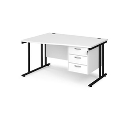 Maestro 25 left hand wave desk 1400mm wide with 3 drawer pedestal - black cantilever leg frame, white top