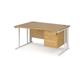 Maestro 25 left hand wave desk 1400mm wide with 2 drawer pedestal - white cable managed leg frame, oak top