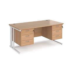 Maestro 25 straight desk 1600mm x 800mm with two x 3 drawer pedestals - white cable managed leg frame, beech top
