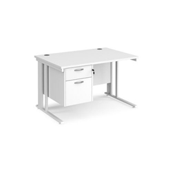 Maestro 25 straight desk 1200mm x 800mm with 2 drawer pedestal - white cable managed leg frame, white top