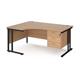 Maestro 25 left hand ergonomic desk 1600mm wide with 3 drawer pedestal - black cantilever leg frame, beech top