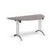 Semi circular folding leg table with chrome legs and curved foot rails 1600mm x 800mm - grey oak