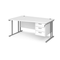 Maestro 25 left hand wave desk 1600mm wide with 3 drawer pedestal - silver cantilever leg frame, white top