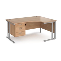 Maestro 25 right hand ergonomic desk 1600mm wide with 3 drawer pedestal - silver cantilever leg frame, beech top