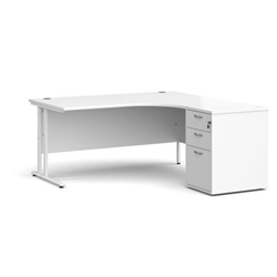 Maestro 25 right hand ergonomic desk 1600mm with white cantilever frame and desk high pedestal - white