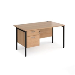 Maestro 25 straight desk 1400mm x 800mm with 2 drawer pedestal - black H-frame leg, beech top