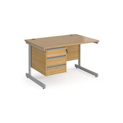 Contract 25 straight desk with 3 drawer pedestal and silver cantilever leg 1200mm x 800mm - oak top
