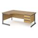 Contract 25 left hand ergonomic desk with 3 drawer pedestal and graphite cantilever leg 1800mm - oak top