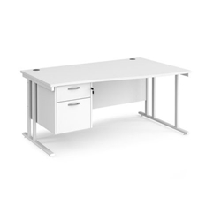 Maestro 25 right hand wave desk 1600mm wide with 2 drawer pedestal - white cantilever leg frame, white top