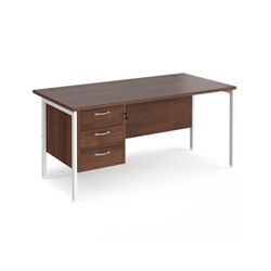 Maestro 25 straight desk 1600mm x 800mm with 3 drawer pedestal - white H-frame leg, walnut top