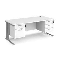 Maestro 25 straight desk 1800mm x 800mm with 2 and 3 drawer pedestals - silver cable managed leg frame, white top