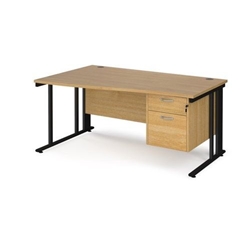 Maestro 25 left hand wave desk 1600mm wide with 2 drawer pedestal - black cable managed leg frame, oak top