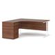 Maestro 25 left hand ergonomic desk 1600mm with white cantilever frame and desk high pedestal - walnut