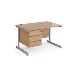 Contract 25 straight desk with 3 drawer pedestal and silver cantilever leg 1200mm x 800mm - beech top