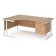 Maestro 25 left hand ergonomic desk 1800mm wide with 3 drawer pedestal - white cantilever leg frame, beech top