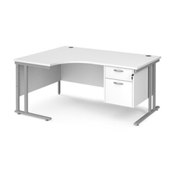 Maestro 25 left hand ergonomic desk 1600mm wide with 2 drawer pedestal - silver cantilever leg frame, white top