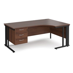 Maestro 25 right hand ergonomic desk 1800mm wide with 3 drawer pedestal - black cable managed leg frame, walnut top