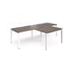 Adapt double straight desks 2800mm x 800mm with 800mm return desks - white frame, walnut top